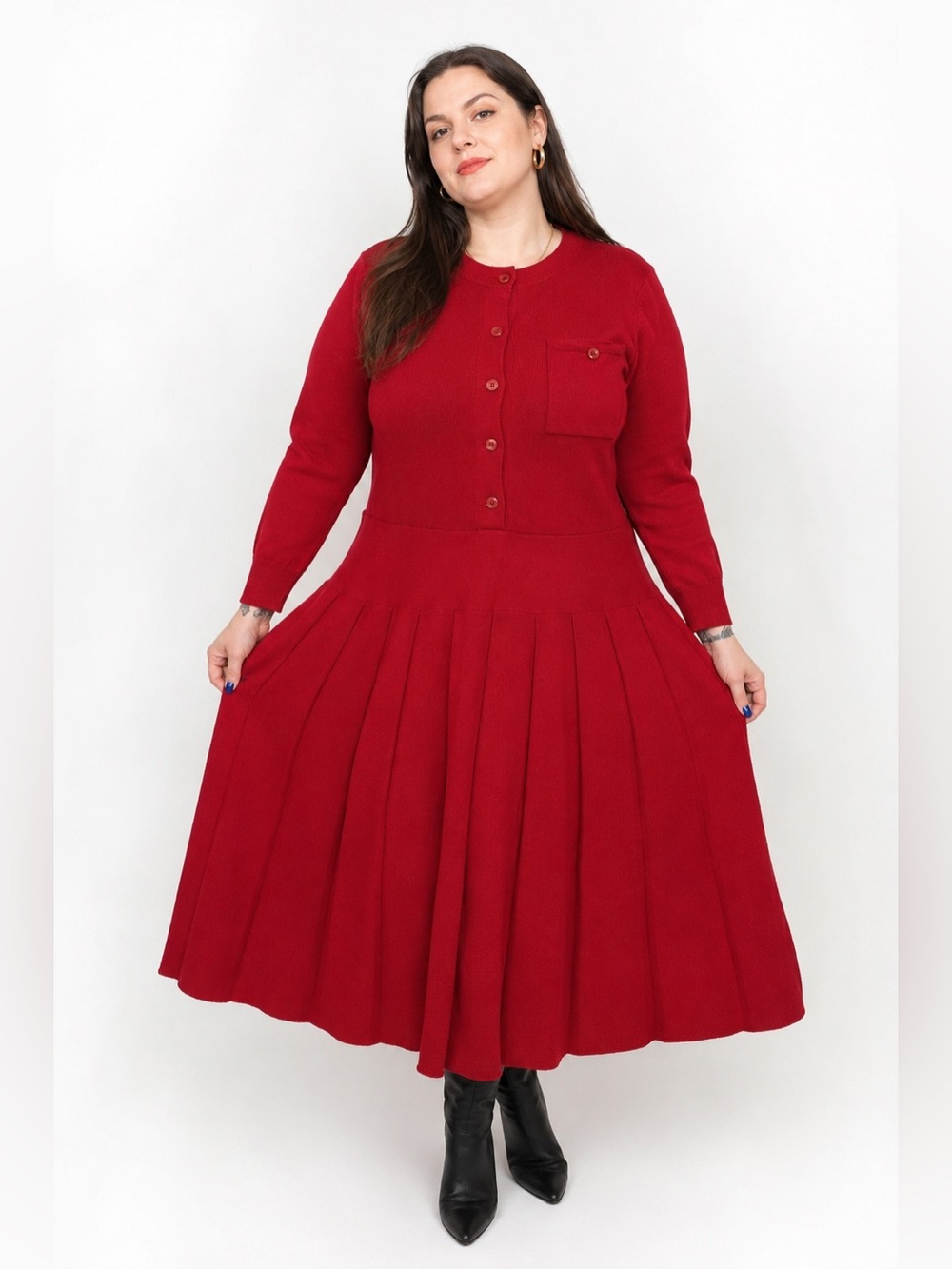 70s/80s Vintage Schrader Knit Wool Pleated Midi/Maxi Dress (Red) Size 14